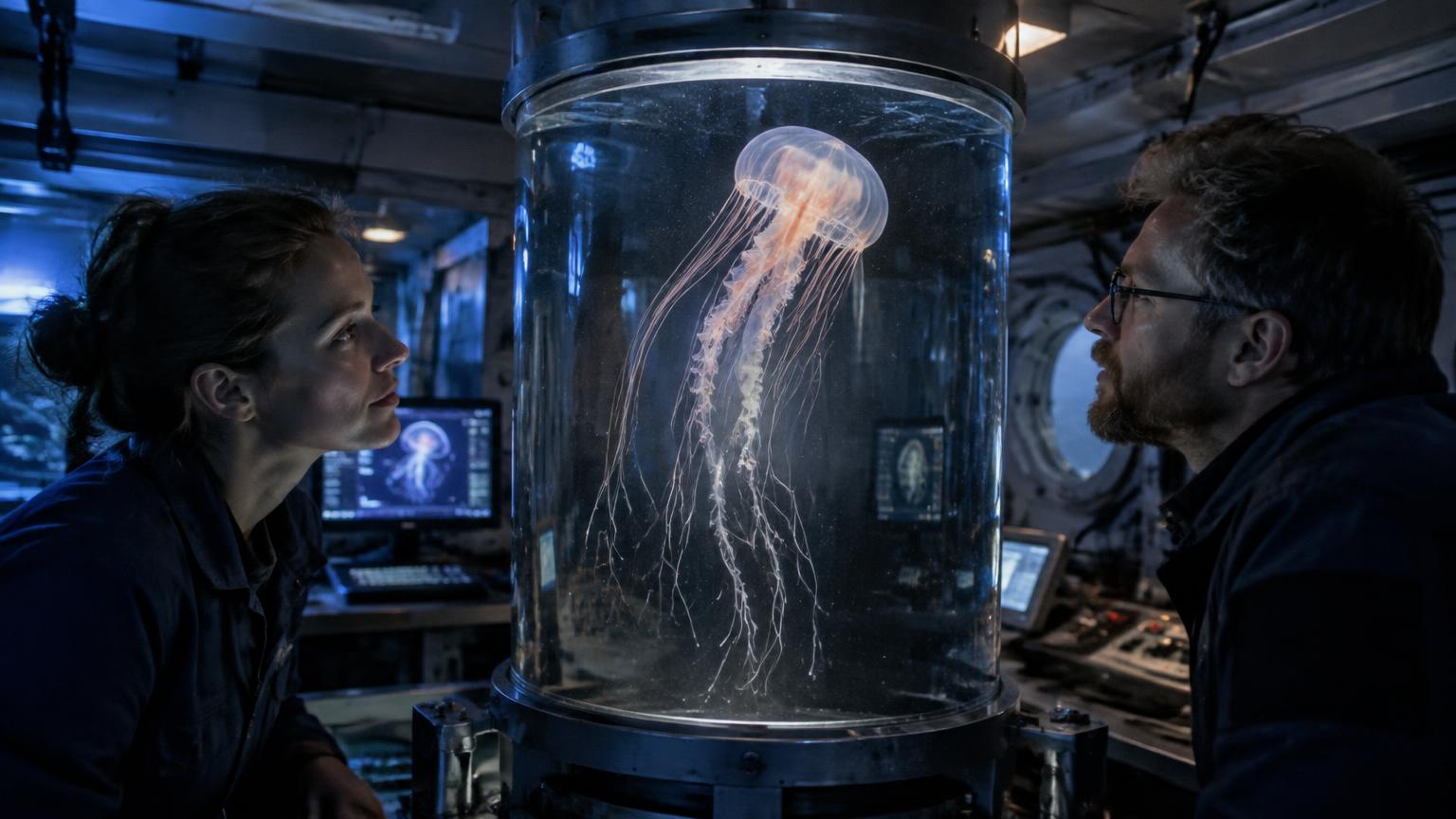 [AI-Generated Illustrative Photo] Scientists Spot Dozens of New Glowing Creatures in the Deep Sea